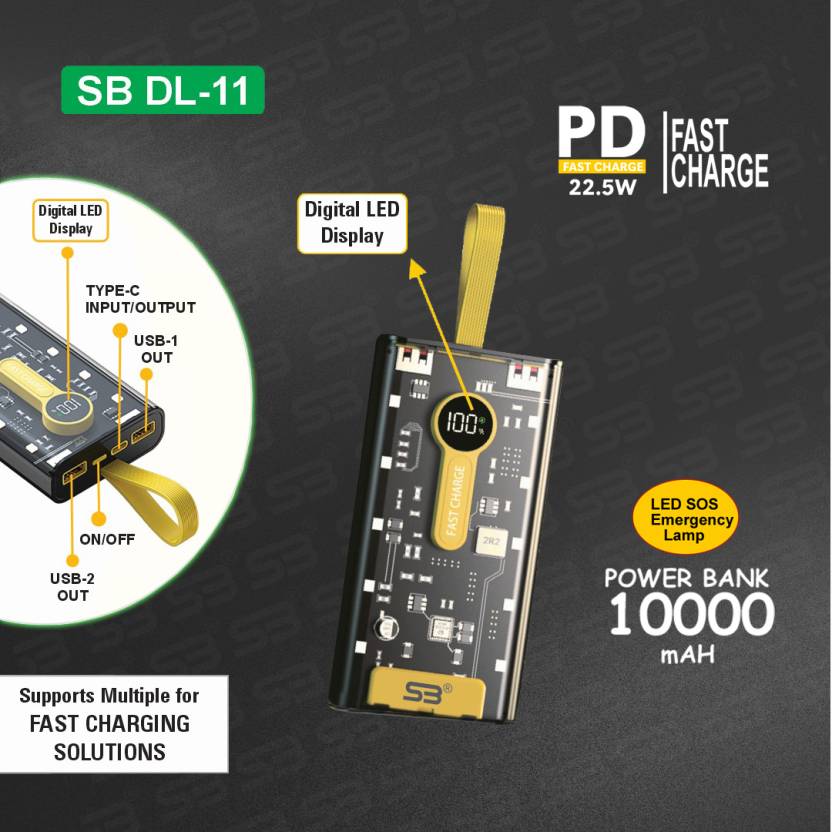 SB 10000 mAh 22.5 W Compact Pocket Size Power Bank(Transparent)