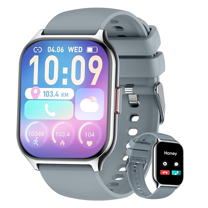 SB Btalk1 Silver Smart Watch for Men Women, Boys Girls Sports Watch Activity Tracker Health Monitor, IP68 Waterproof, Bluttooth Calling Smartwatches for Android/iOS, 2.01" HD Display