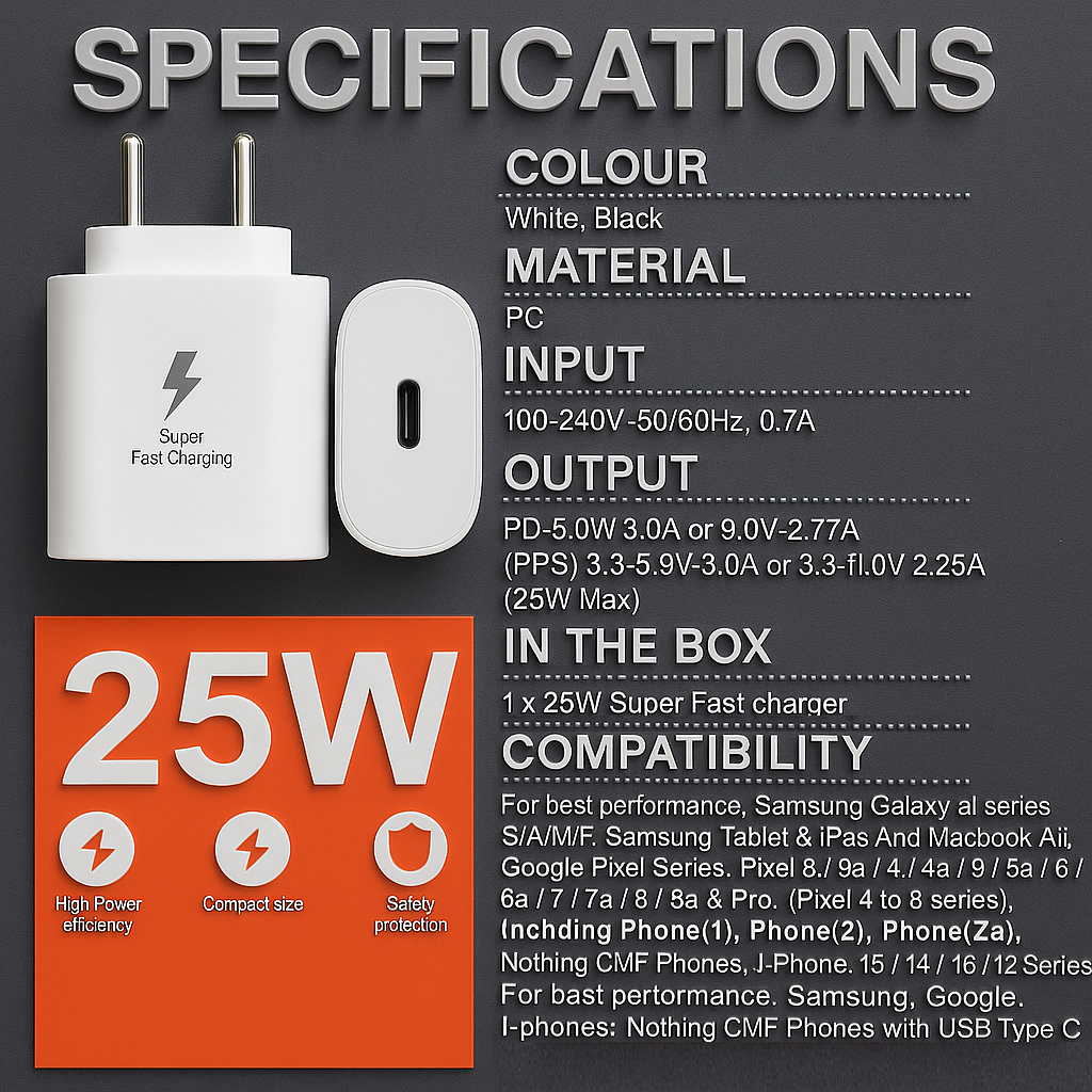 25W PD Charger | Super Fast Type-C Adapter (Only Adaptor)