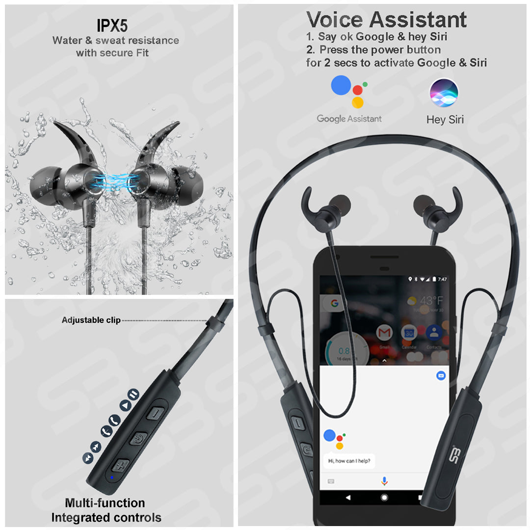 SB wireless Rich Bass neckband, 40Hrs playback IPX5 Water Resistant Magnetic Earbud Bluetooth Headset (Black, In the Ear)