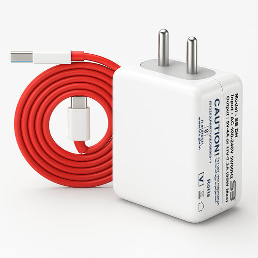 SB 80W SuperVOOC Fast Charger with USB to Type C Cable | 7.3A Mobile Charger Adapter | Supports VOOC, Warp, Dash, Dart & Super Fast Charging | Compatible for OnePlus, Realme, Oppo Smartphones.