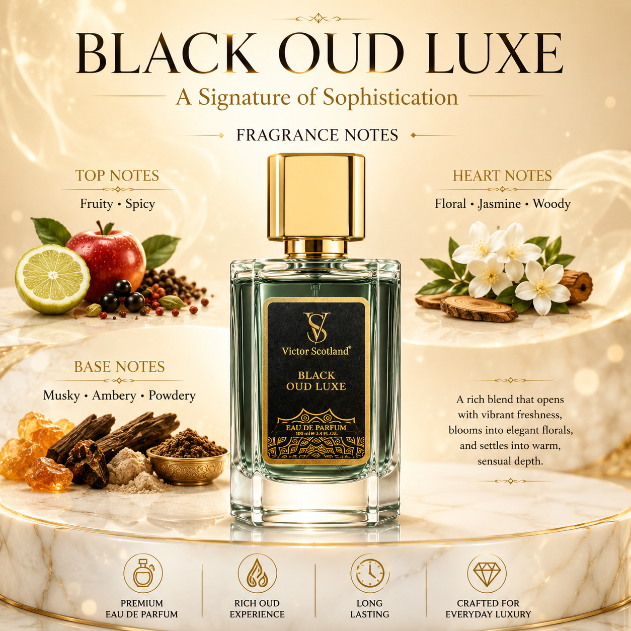 Black OUD Luxe Eau De Parfum for Men | Long Lasting Luxury Oud Perfume Eau de Parfum - 100 ml
