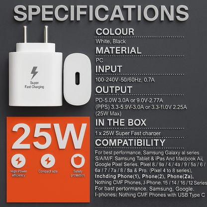 25W PD Charger | Super Fast Type-C Adapter (Only Adaptor)