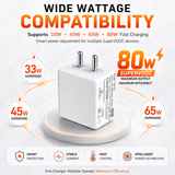 SB 80W SuperVOOC Fast Charger with USB to Type C Cable | 7.3A Mobile Charger Adapter | Supports VOOC, Warp, Dash, Dart & Super Fast Charging | Compatible for OnePlus, Realme, Oppo Smartphones.