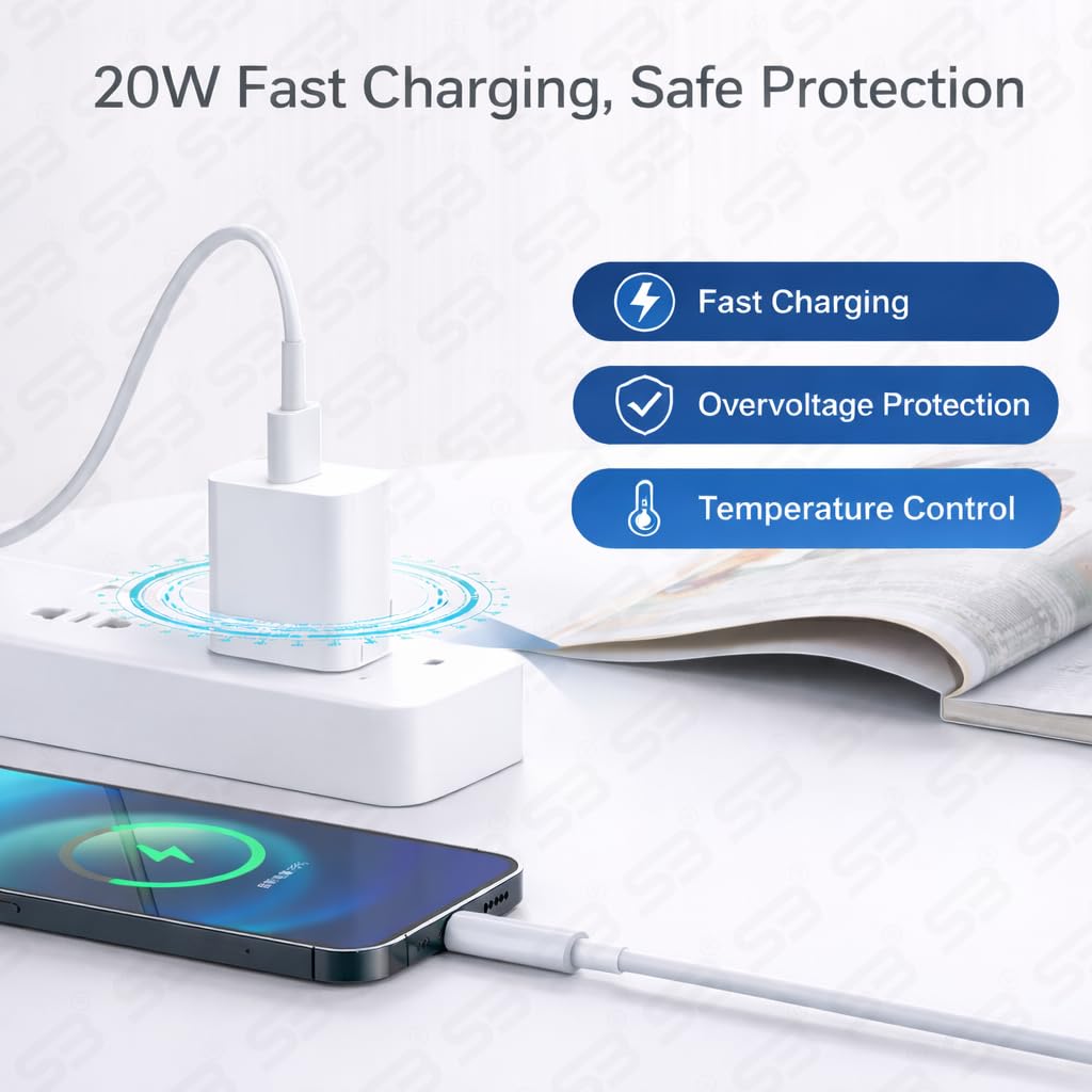 SB 20W USB-C Fast Charger for iPhone, Power Delivery Wall Adapter, Type-C PD Charging Adapter Compatible with iPhone 14, 13, 12, 11, XR, iPad & AirPods