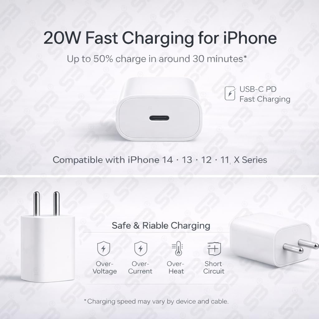 SB 20W USB-C Fast Charger for iPhone, Power Delivery Wall Adapter, Type-C PD Charging Adapter Compatible with iPhone 14, 13, 12, 11, XR, iPad & AirPods